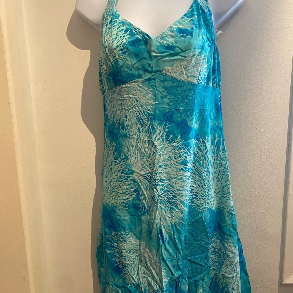 Vintage Hilo Hattie Blue and White Coral Print Halter Dress Made in Hawaii